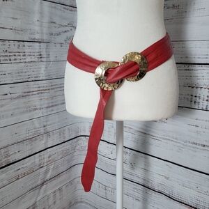 Retro 80s Red Leather Belt Gold Chunky Buckle